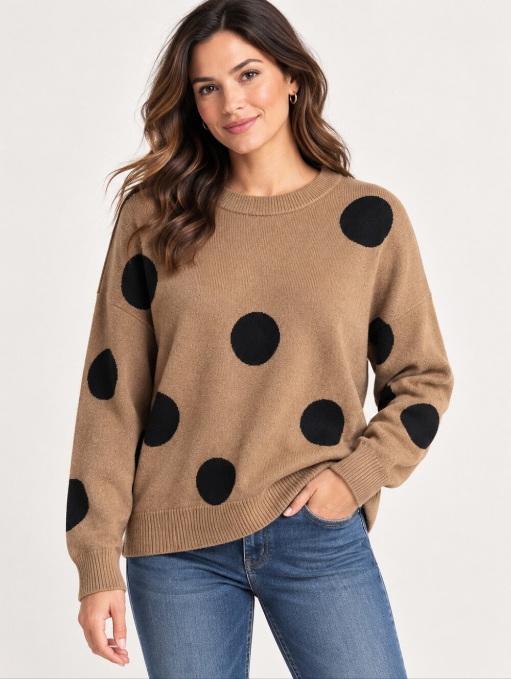 T Tahari Tan Black Polka Dot Crewneck Knit Sweater Women’s Size Medium